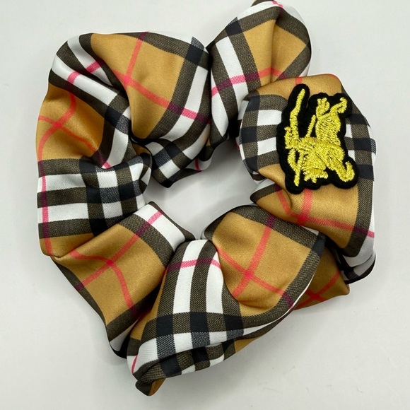 Luxury Black brown tan plaid hair scrunchie hair tie ponytail holder New - Picture 5 of 6